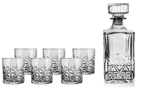 Fifth Avenue Islay Whiskey Decanter and Glass Set | 7-Piece Set for Liquor, Scotch, Wine, and Bourbon | Beverage Dispenser | 6 Matching Glass Tumblers | Elegant Liquor Carafe with Stopper