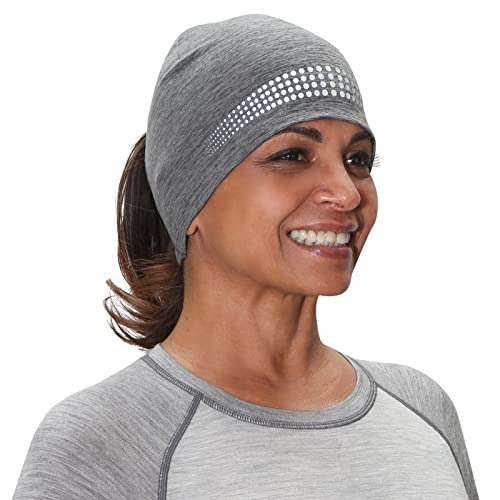 TrailHeads Ponytail Hat - Adrenaline Series | Women’s Running Beanie with Reflective Accents | Black Skull Cap - heather grey/reflective