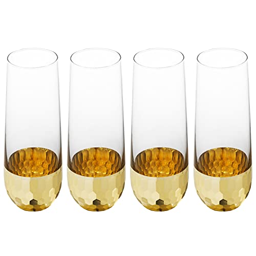MyGift Modern Stemless Champagne Flute Glass Set of 4 Party Drinkware, Cocktails Prosecco Mimosa Glasses with Hammered Brass Plated Bottoms