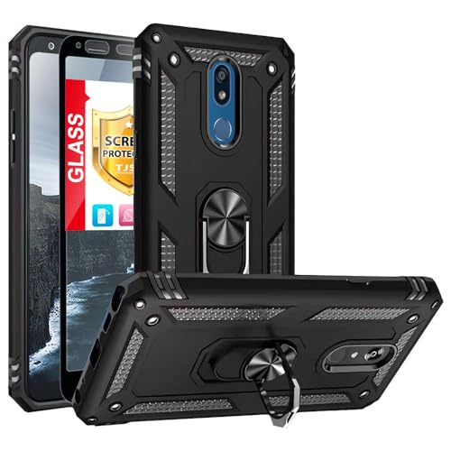 TJS Phone Case Compatible with LG K40/K12 Plus/X4/Solo LTE/Harmony 3/Xpression Plus 2, with [Full Coverage Tempered Glass Screen Protector] Impact Resistant Metal Ring Magnetic Support (Black)