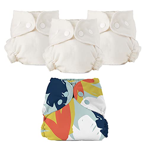 Esembly Cloth Diaper Bundle Set, 3 Organic Absorbent Inners and 1 Waterproof Diaper Cover, Blowout-Proof Reusable Washable Diapers with Snap Closure, Size 1 (7-17lbs), Monstera