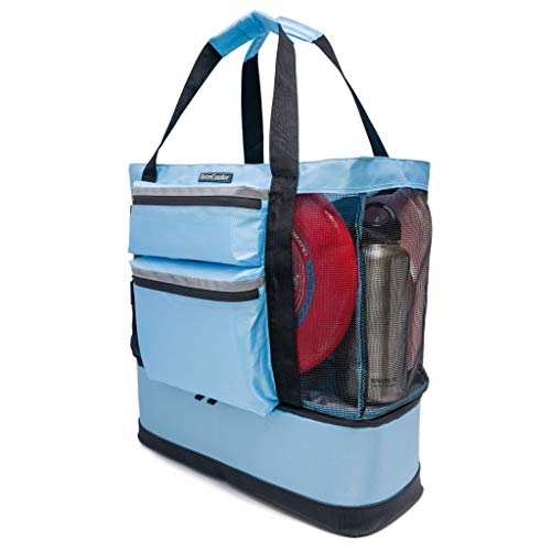 ToteCooler Beach Picnic Mesh Tote Bag with Zipper Top, Dual Internal Sling Bottle Pockets, 3 Exterior Pockets and Insulated Soft Cooler with Anti-Slip Rubber Base Guard (Sky Blue)