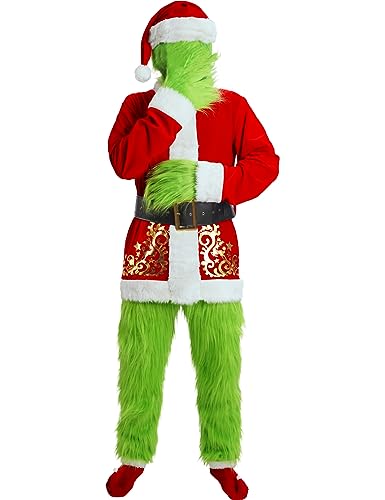 Frojuly Christmas Costume for Men Adult Green Big Monster 7PCS Deluxe Santa Suit Set Furry Xmas Cosplay Outfit Halloween S