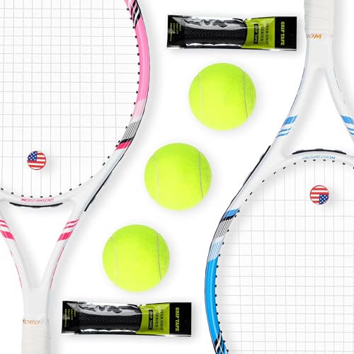 Pro Tennis Racket for Adults, 2 Player 27 inch Speed Tennis Racquet Acceptable for Beginner and Professional with 3 Tennis Balls, 2 Vibration Dampes, 2 Overgrips, Tennis Bag (Pink-Blue)