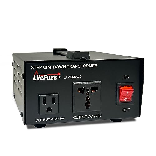 LiteFuze 1000 Watt Voltage Converter Transformer Step Up/Down - 110v to 220v / 220v to 110v Power Converter - Fully USA Grounded Cord - Universal Outlet Socket, 2x US Outlets - CE Certified