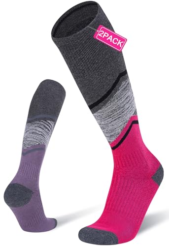 FITRELL 2 Pack Men's and Women's Ski Socks with Full Cushion Merino Wool Winter Thermal Knee High Warm Socks for Skiing Snowboarding, Rose Red+Purple Mixed, Medium