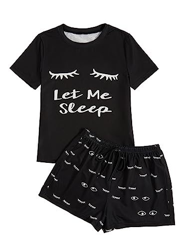 WDIRARA Women's Cute Cartoon Print Closed Eyes Print Tee and Shorts Pajama Set Black M