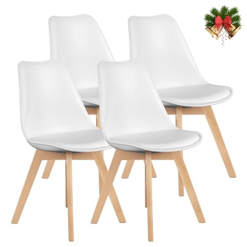 OLIXIS Dining Chairs Set of 4, Mid-Century Modern Dining Chairs with Wood Legs and PU Leather Cushion, Kitchen Chairs for Living Room Bedroom Outdoor Lounge, White