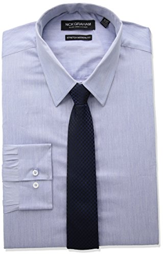 Nick Graham mens Modern Fitted Chambray Stretch With Hounsetooth Tie Dress Shirt, Blue, 16 -16.5 Neck 34 -35 Sleeve US