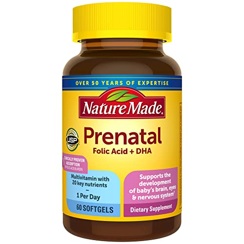 Nature Made Prenatal with Folic Acid + DHA, Prenatal Vitamin and Mineral Supplement for Daily Nutritional Support, 60 Softgels, 60 Day Supply