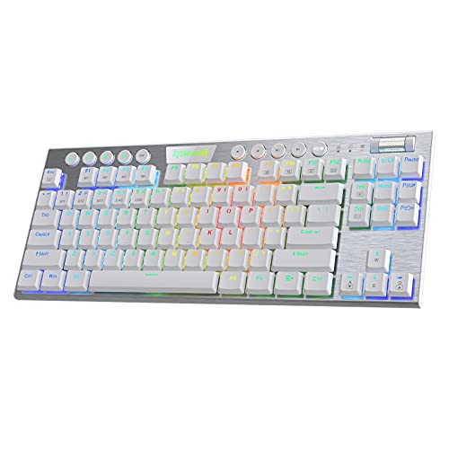Redragon K621 Horus TKL Wireless RGB Mechanical Keyboard, 5.0 BT/2.4 Ghz/Wired Three Modes 80% Ultra-Thin Low Profile BT Keyboard w/Dedicated Media Control & Clicky Blue Switches, White