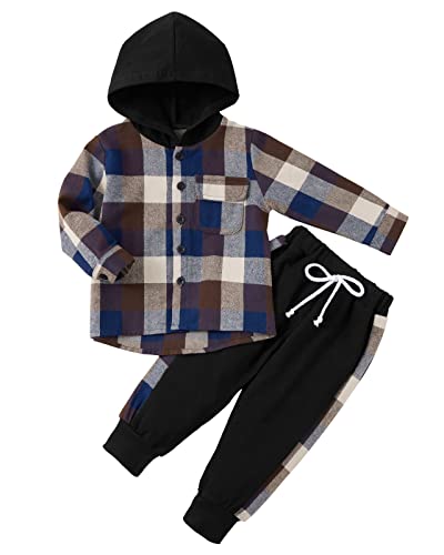 Weixinbuy Kid Toddler Boy Clothes Flannel Plaid Hoodied Tops +Casual Pants Boys Fall Winter Outfits(Khaki,2-3 years)