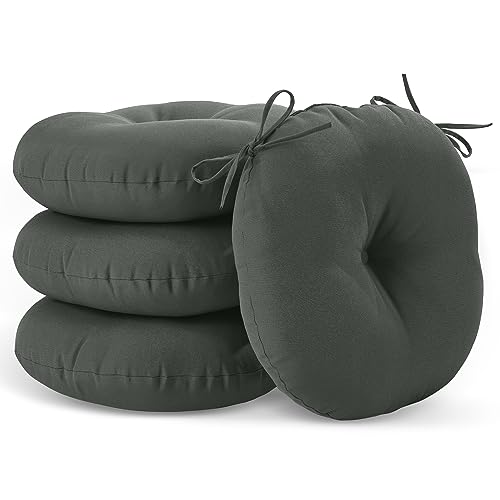 LOVTEX Bistro Chair Cushions Set of 4, Outdoor Round Chair Cushions 15 Inch, Waterproof Round Outdoor Cushions with Ties, Dark Gray Outdoor Chair Cushions for Patio Furniture
