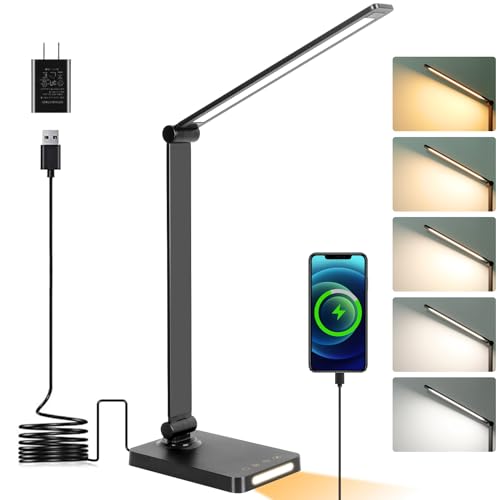 Dott Arts LED Desk Lamp with USB Ports,Touch Desk Lamps for Home Office with 5 Color Modes,3 Brightness Desk Light with Small Night Light,Reading Lamp Table LED Lamp for Bedroom Bedsid Study Black
