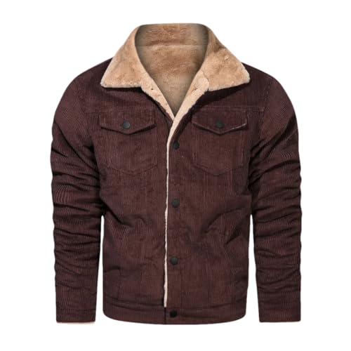 ERFMFKL Men's Winter Plus Velour Corduroy Tooling Casual Parka Slim Solid Zipper Cotton Jacket Wine Red XL