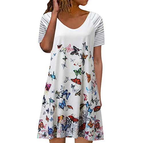 Summer Dresses for Women, Floral Printed Casual Short Sleeve Knee Length T Shirt Dress Loose V Neck Holiday Sundress, Green