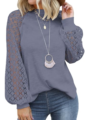 MIHOLL Women’s Long Sleeve Tops Lace Casual Loose Blouses T Shirts Grey Blue