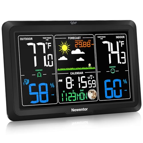 Newentor Weather Station Wireless Indoor Outdoor, Indoor Outdoor Thermometer Wireless, 7.5' Home Weather Stations with Atomic Clock, Temperature Humidity Gauge, Weather Forecast and Barometer, Black