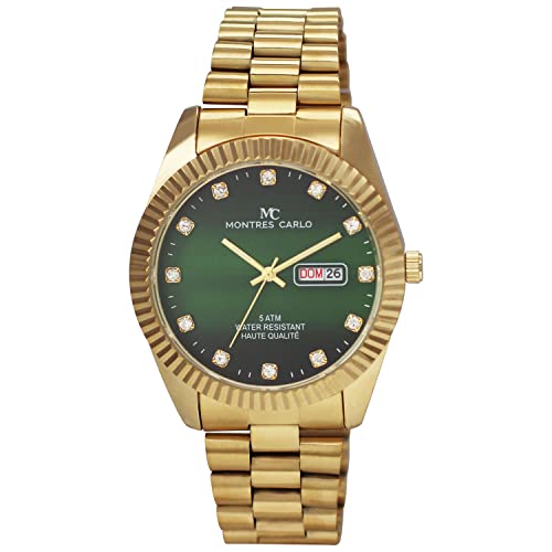 Montres Carlo Men's Metal Band Watch (Gold/Green) with Day & Date - Purely Aesthetic/Fluted Bezel - Analog Quartz - 5ATM/50 Meters Water Resistance