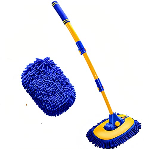 MVEQRRN Upgrade Car Wash Brush Mop with Long Handle,Car Wash Brush Car Cleaning Brush Kit Car Wash Mop Car Wash Brush with Hose Attachment Car Washing Brush with Scratch-Free Replacement Head(Blue