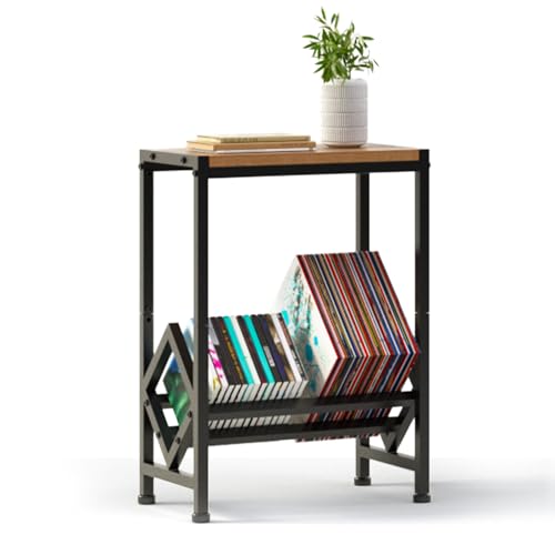 DYTREND Vinyl Record Player Stand, Record Holder 35-55 LP Storage Shelf Display Stand with Dividers, Record Storage Display Rack Black Metal for Albums, Magazine Display, Book and Files Organizer