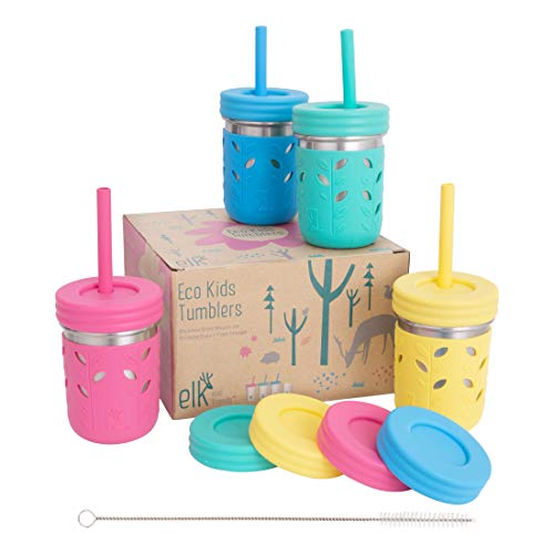 Elk and Friends Stainless Steel Cups | Mason Jar 10oz | Kids & Toddler Cups with Silicone Sleeves & Silicone Straws with Stopper | Sippy cups, Spill proof cups, Smoothie Cups