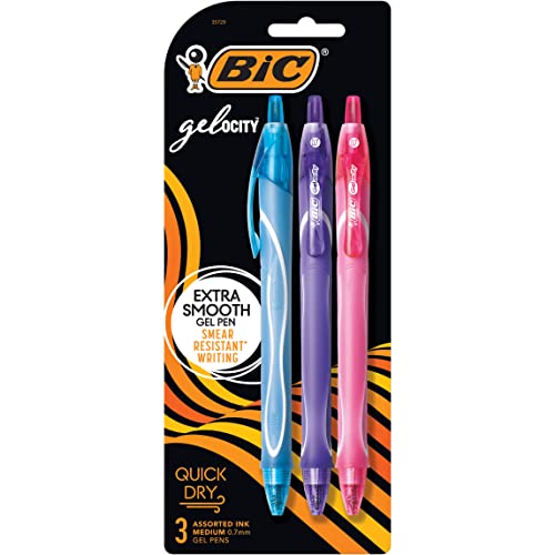 BIC Gelocity Quick Dry Assorted Colors Gel Pens, Medium Point (0.7mm), 3-Count Pack, Retractable Gel Pens With Comfortable Full Grip