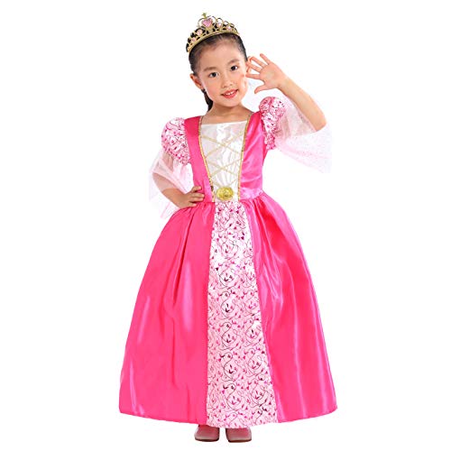 SPUNICOS Toddlers Girls Pink Medieval Princess Costume Ankle Length Dress with Tiara 7-8years