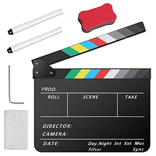 Temery Acrylic Film Clapper Board -12 x 10in Film Slate Clapperboard Movie Theater Decor Clapboard with a Magnetic Blackboard Eraser, Two Custom Pens, Cleaning Cloth and Hexagonal Wrench