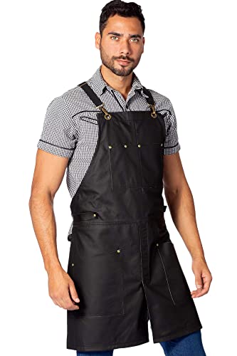 Under NY Sky Leather Apron - Cross-back Straps, Split-Leg, Riveted, Lined – Genuine Leather for Barbers, Chef, Bartender, Barista (Black)