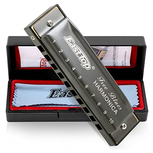 East top Harmonica, Diatonic Blues Deluxe Harmonica Key of C, 10 Holes 20 Tones Blues Harp Mouth Organ Harmonica For Adults, Beginners, Professionals and Students, as a Gift（Silver grey）