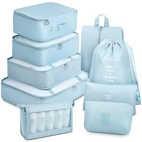 Travel Organizer, Mossio 9 Set Breathable Mesh Packing Pouches Pods for Traveler Sky Blue