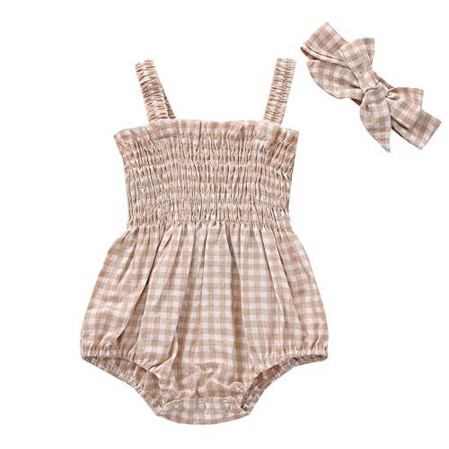 Newborn Baby Girl Bodysuit Sleeveless Halter Frill Romper One-piece Jumpsuit with Headband Summer Clothes Set (Khaki, 0-3 Months)