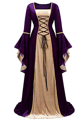 Renaissance Dress Medieval Costume Women Halloween Costumes Midevil Faire Gothic Gown Purple-XL
