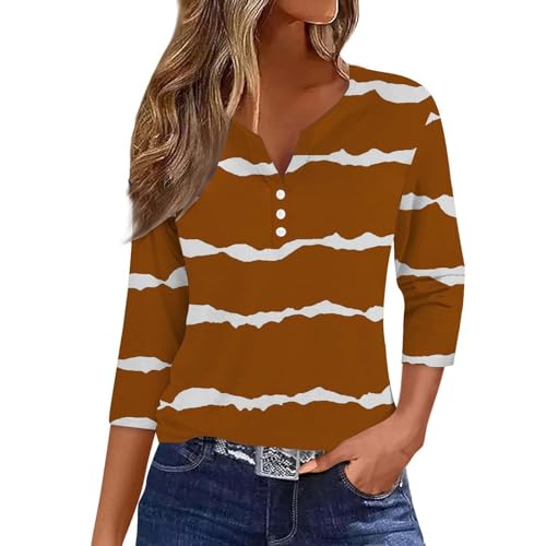 Today's Deals 3/4 Sleeve Polyester Spandex Shirt Womens Tunic Tops Black Henley Neck Button Tops Womens Striped top Blouses for Women Dressy Casual top Deals of The Day Yellow-4 3XL