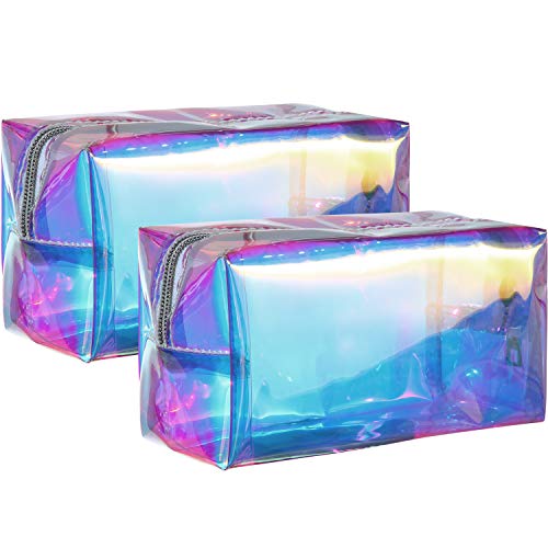 Boao 2 Pieces Holographic Makeup Bag Iridescent Cosmetic Toiletry Bag Pouch Waterproof Portable Skinny Glitter Pencil Case Travel Handbag for Makeup Tools Organize (Plain)