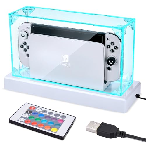 Fwieurow Upgraded Dust Cover, 16 Led Color Lampholders, 4-Mode Dimming, Suitable For Nintendo Switch/OLED, Acrylic Transparent Waterproof, Dustproof Bottom Box, Cool Switch Accessories