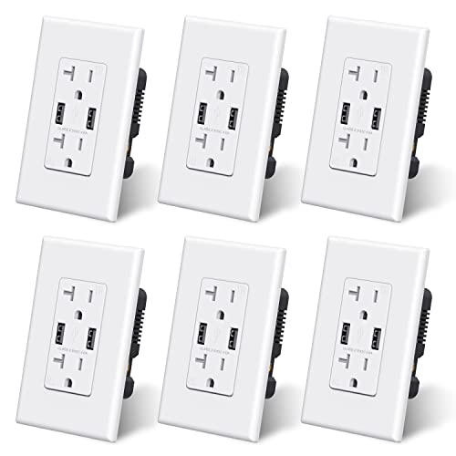 ELEGRP USB Wall Outlet Receptacle with Dual 4.0 A USB Ports, 20 Amp Duplex Tamper Resistant Receptacle, Charging Power Outlet with USB Ports, Wall Plate Included, UL Listed (6 Pack, Glossy White)