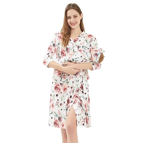 Galabloomer Maternity Robe and Baby Receiving Blanket,  Matching Mommy Labor Delivery Robe and Swaddle Set(m, white leaf flower)