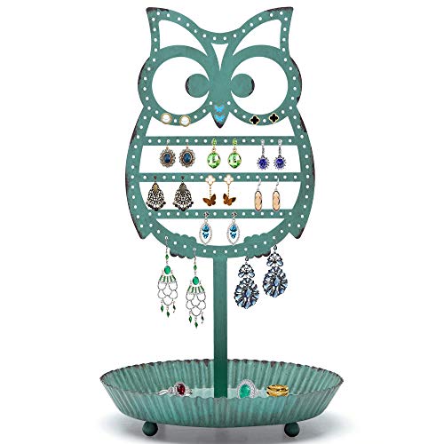 NIKKY HOME Earring Holder Stand Hanging Organizer Metal Jewelry Tree Cute Owl Ear Stud Holder Table Top Tower Rack with Ring Tray for Women Girls Kids (134 Holes), Teal