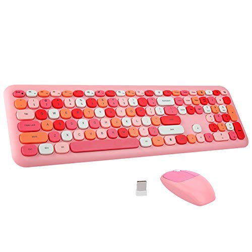 Pink Wireless Keyboard and Mouse, KOOTOP Cute Pink Keyboard and Mouse, 2.4G Wireless Keyboard Pink with Retro Round Keycap for PC, Mac, Laptop,Tablet,Computer Windows (Pink)