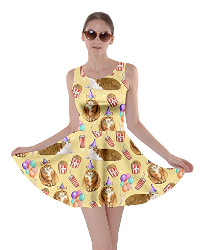 CowCow Womens Birthday Party Cats Skater Dress, Yellow - 2XL
