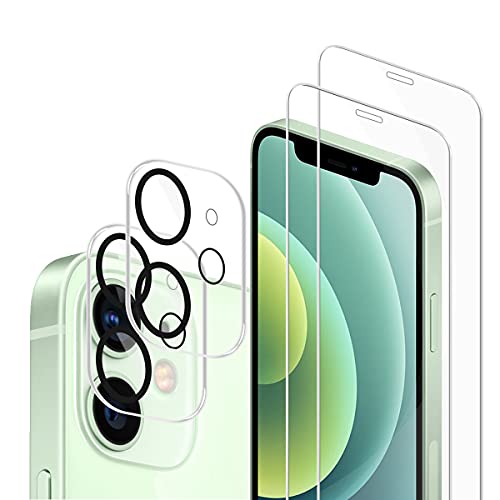 JiuFen Compatible with iPhone 12 Mini Premium Screen Protector + Camera Lens Protectors, [2 + 2 Pack] HD Tempered Glass, Easy installation, 3D Curved Accuracy Film For iPhone 12 Mini (Transparent)