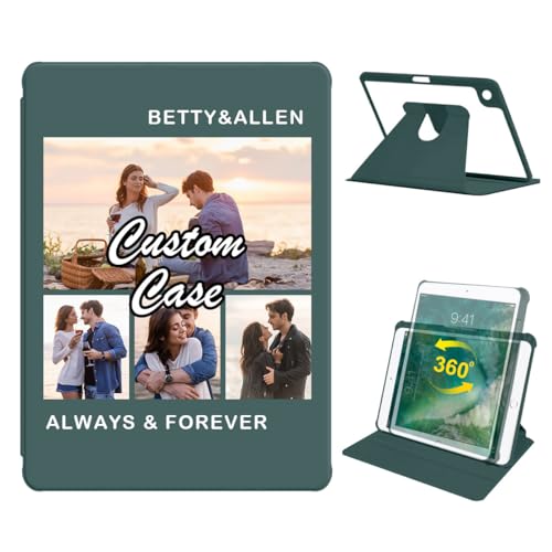 360 Degree Rotate Personalized Photo Case for iPad 10.2 Inch 7th / 8th / 9th Gen (2021/2020/2019) with Pencil Holder,Custom Multi Photo Collage Picture iPad Protective Cover,Smart Sleep/Wake,Green