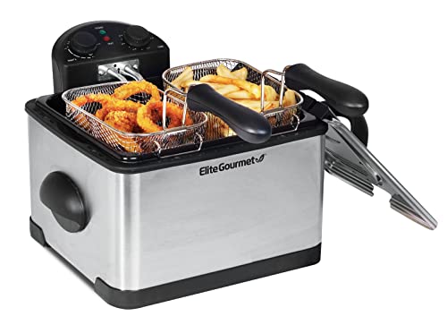 Elite Gourmet EDF-401T Electric Immersion Deep Fryer 3-Baskets, 1700-Watt, Timer Control Adjustable Temperature, Lid with Viewing Window and Odor Free Filter