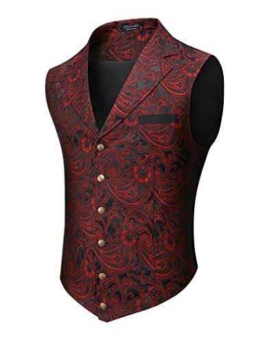 COOFANDY Mens Suit Vest Red/Black Paisley Floral Tuxedo Vest Formal Waistcoat Steampunk Vest with Single Breasted Wine Red, XX-Large