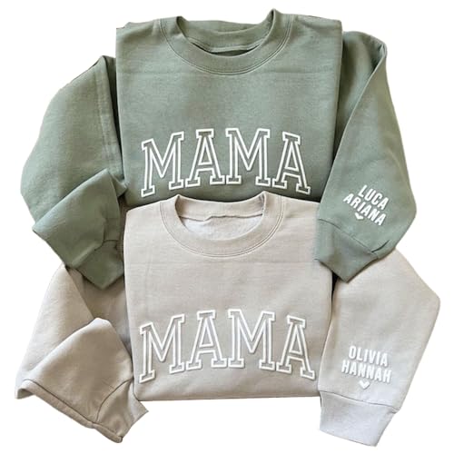 IZI POD Personalized Mama Sweatshirt, Custom Sweatshirt for Mama, Custom Name on Sleeve Mama Sweatshirt, Puff Letters Embossed Lettering, Gift for Mom, Mama, Birthday, Christmas