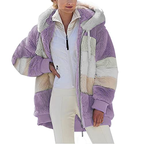 Women Coat Jacket Hooded Striped Color Block Fleece Lined Plus Size Furry Pocket Oversize Zipper Fluffy Sherpa Shaggy Warm Overcoat(A Purple,4XL)