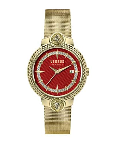 Versus Versace Mouffetard Collection Luxury Womens Watch Timepiece with a Gold Bracelet Featuring a IP Yellow Gold Case and White Dial