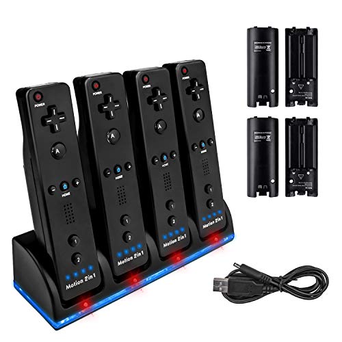 Four Charger Dock for Wii Remote, TechKen Remote Control Charger Docking Station with 4 Rechargeable Batteries from Nintendo Wii Rometo Control
